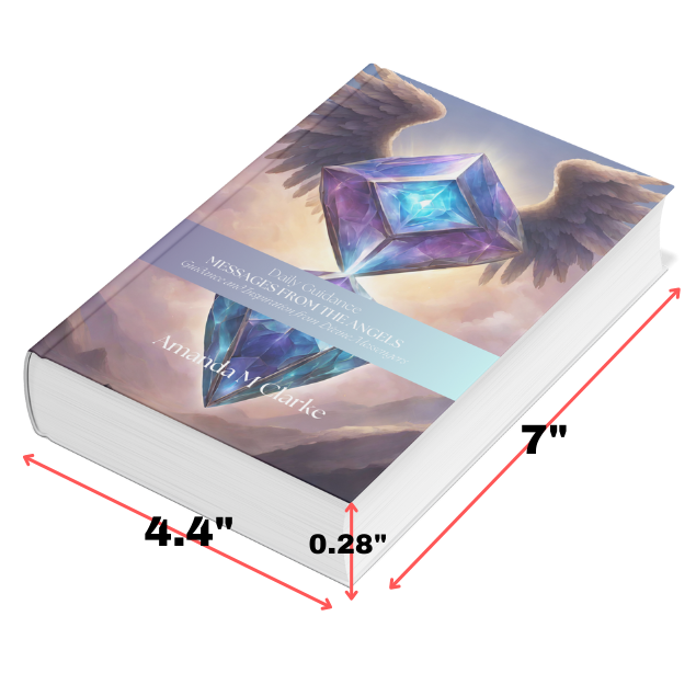 Book with angel wings and gemstone design, dimensions displayed