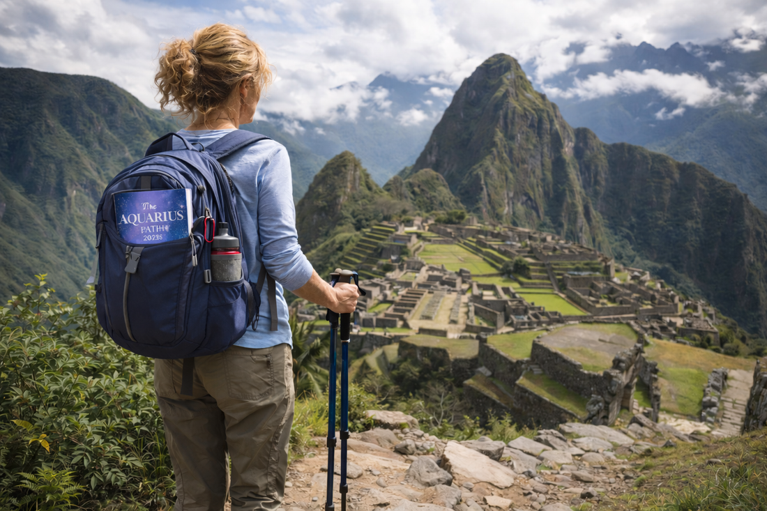 Middle aged lady looking out over Machu Picchu