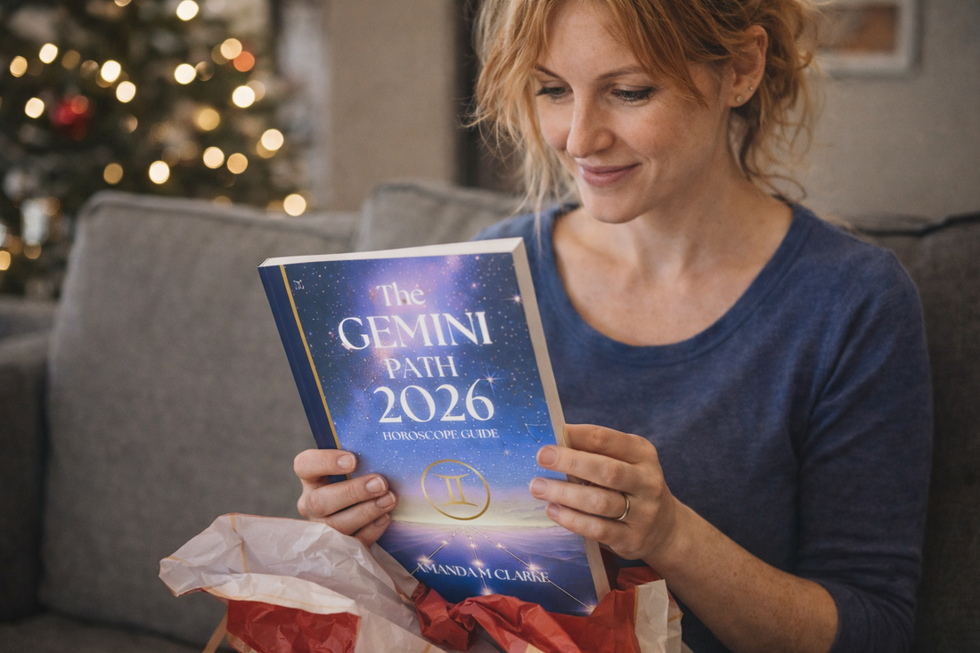 Young lady opening the book The Gemini Path 2026 Horoscope Guide Christmas Gift