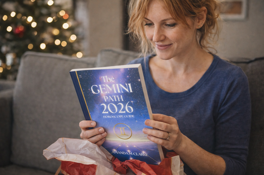 Young lady opening the book The Gemini Path 2026 Horoscope Guide Christmas Gift