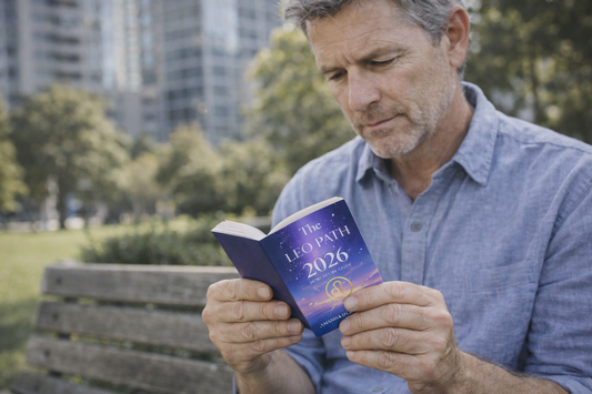A middle agedd man sitting on a park bench reading The Leo Path 2026 Horoscope Guide