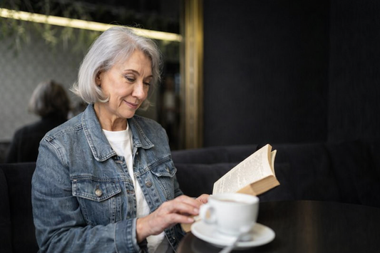 older lady sitting reading a book at a cafe