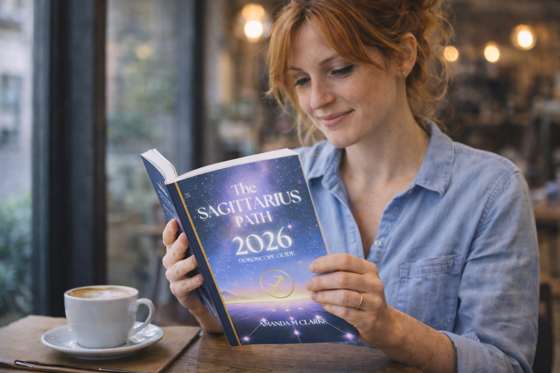 A young lady reading The Sagittarius Path: 2026 Horoscope Guide in a cafe