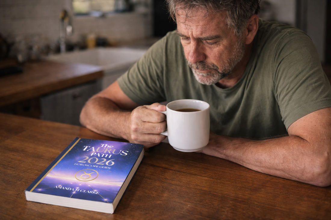 Middle aged man sitting at kitchen bench drinking coffee looking at a book The Taurus Path