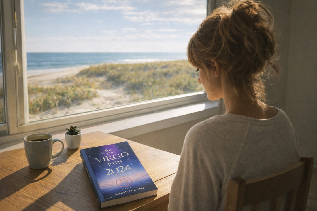 Young lady sitting by a window at her seaside home looking at a book on the table, The Virgo Path: 2026 Horoscope Guide