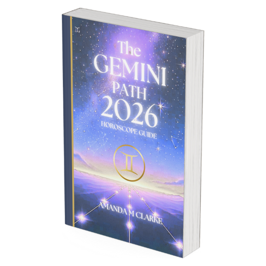 Book titled 'The Gemini Path 2026 Horoscope Guide' by Amanda M. Clarke with a celestial design on the cover.
