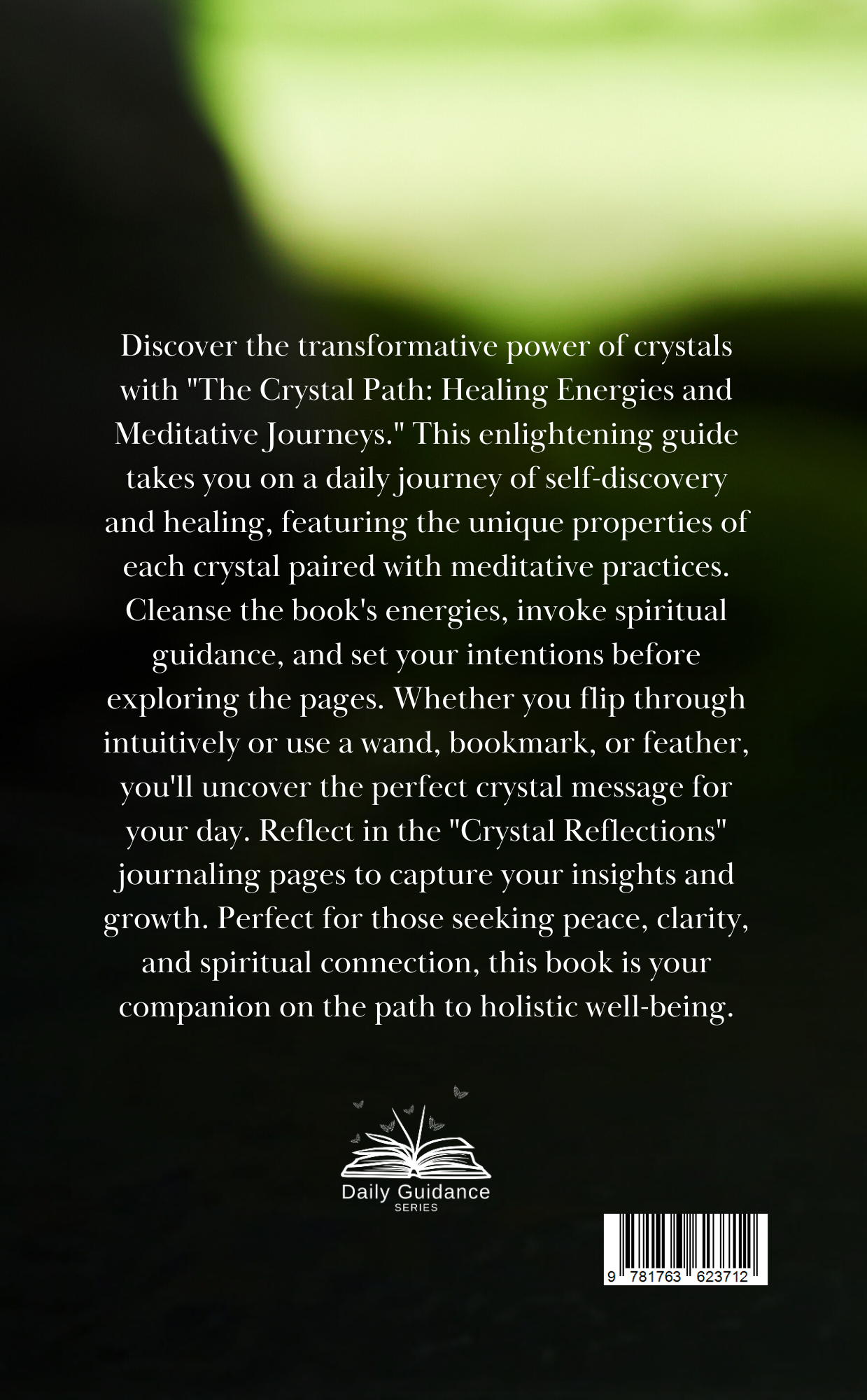 Book cover with text about crystal healing and meditation on a dark background