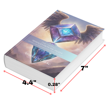 Book with angel wings and gemstone design, dimensions displayed