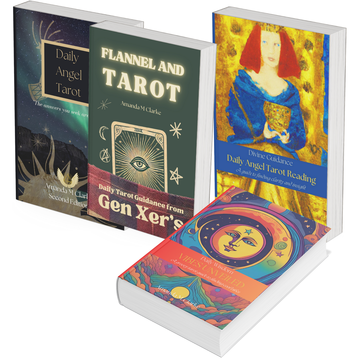 Collection of tarot books with colorful covers on a white background