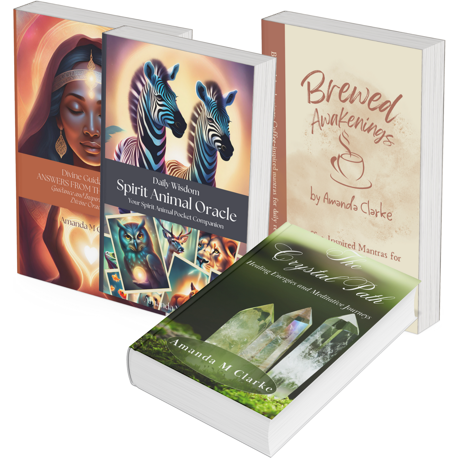 Set of books including 'Spirit Animal Oracle' and 'Brewed Awakenings' by Amanda Clarke on a white background.