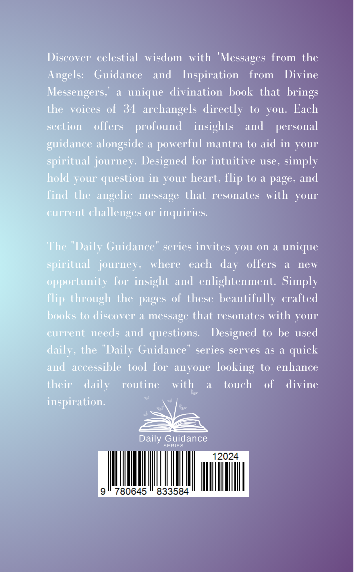 Back cover of a book with celestial wisdom and angelic guidance text on a purple background